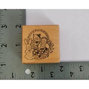 Vintage PSX Rubber Stamp Basket Bunny Doll Kitty Cat Quilt D-760 Wooden Cards